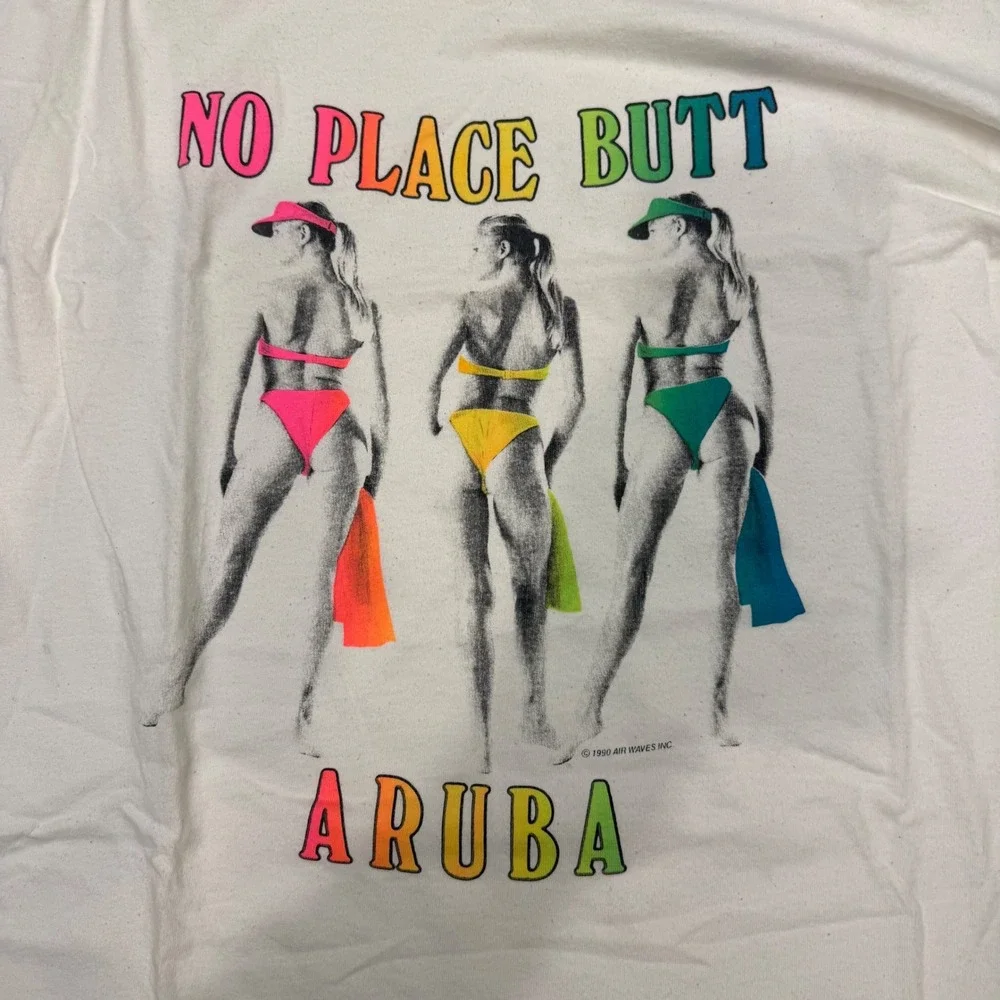 Vintage 1990 No Place Butt Aruba T Shirt Hanes Heavyweight XL Single Stitch Neon - Picture 2 of 7